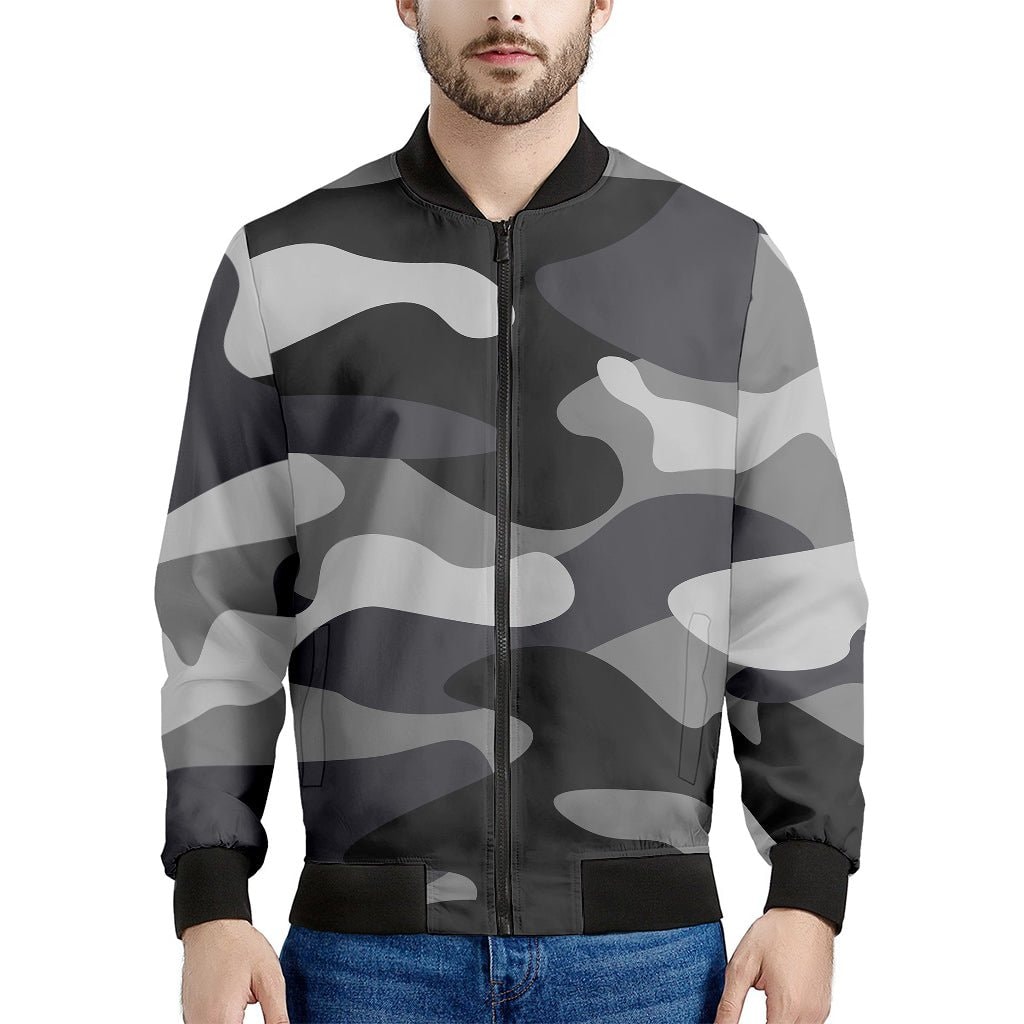 Grey And White Camouflage Print Men's Bomber Jacket