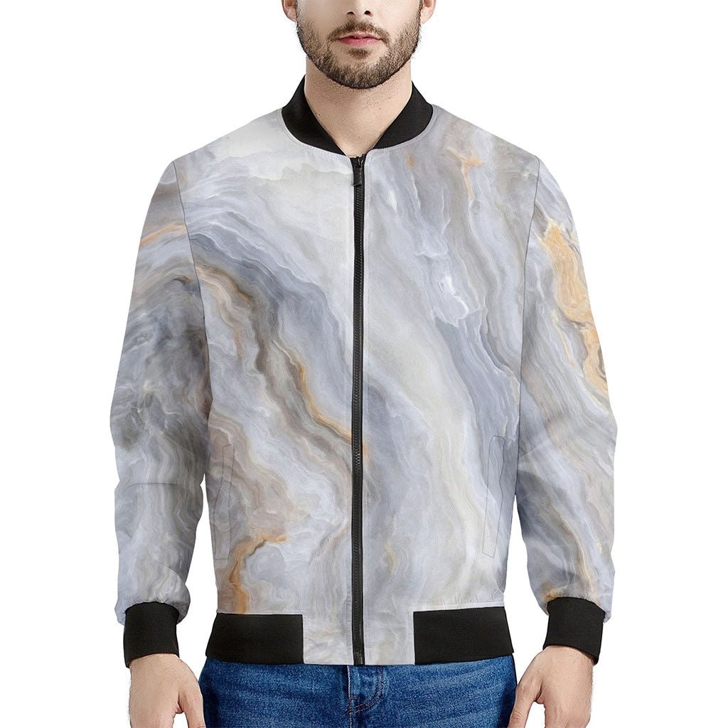 Grey Marble Print Men's Bomber Jacket - Premium Polyester Blend